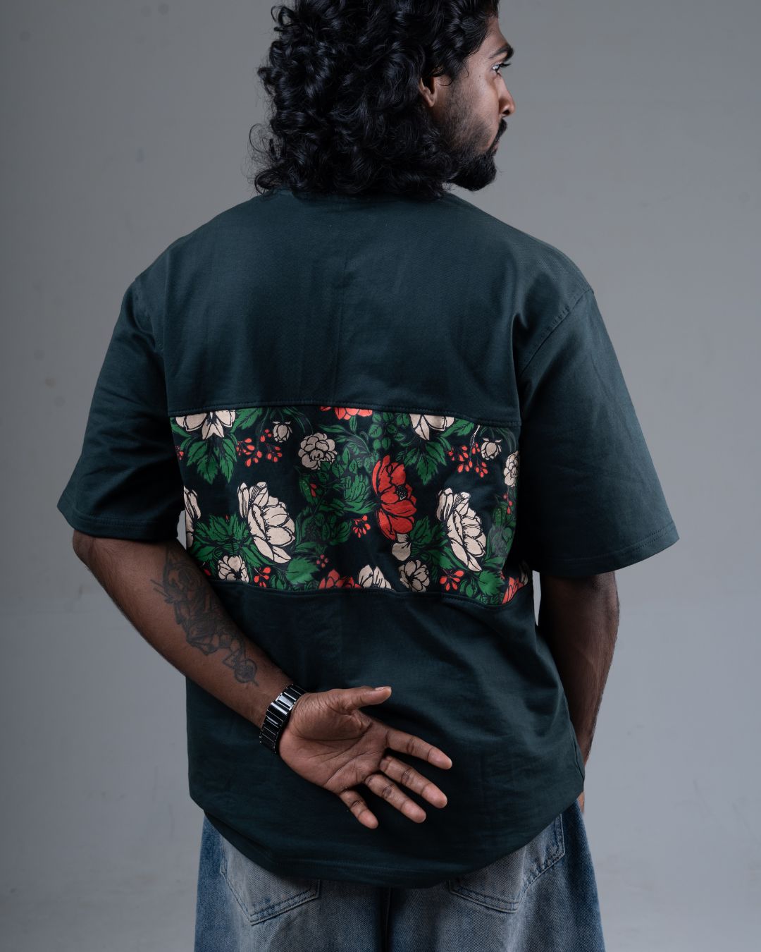 Deep Teal Floral Oversized T-Shirt